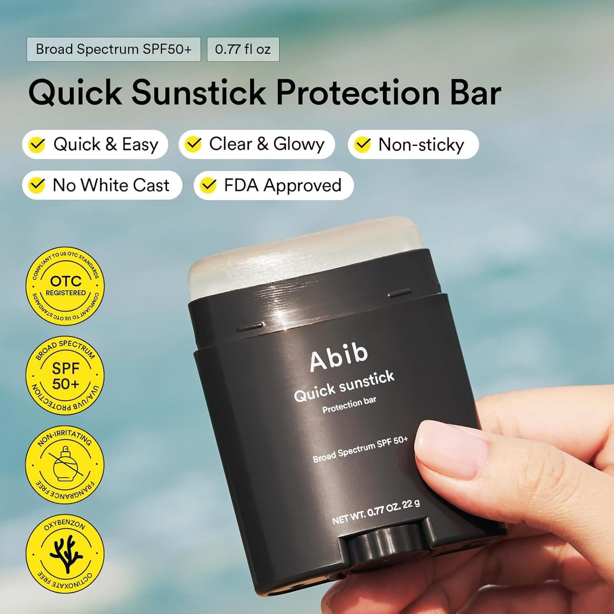 Abib Quick Sunstick protection bar SPF50+ black container with cap partly open