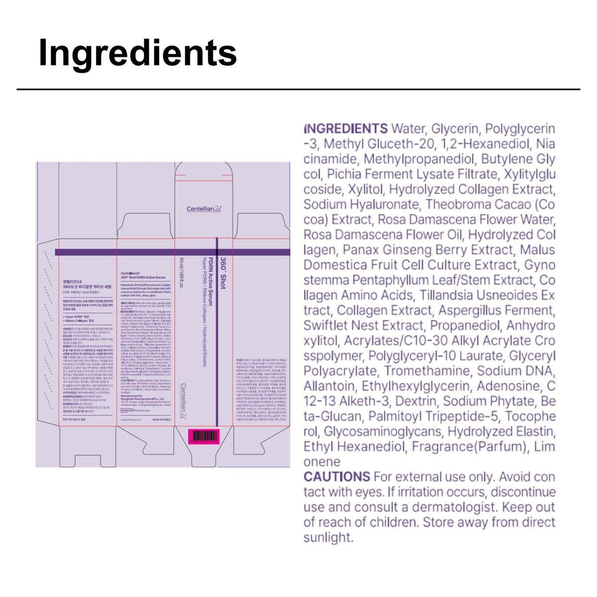 Ingredients label panel for PDRN active serum