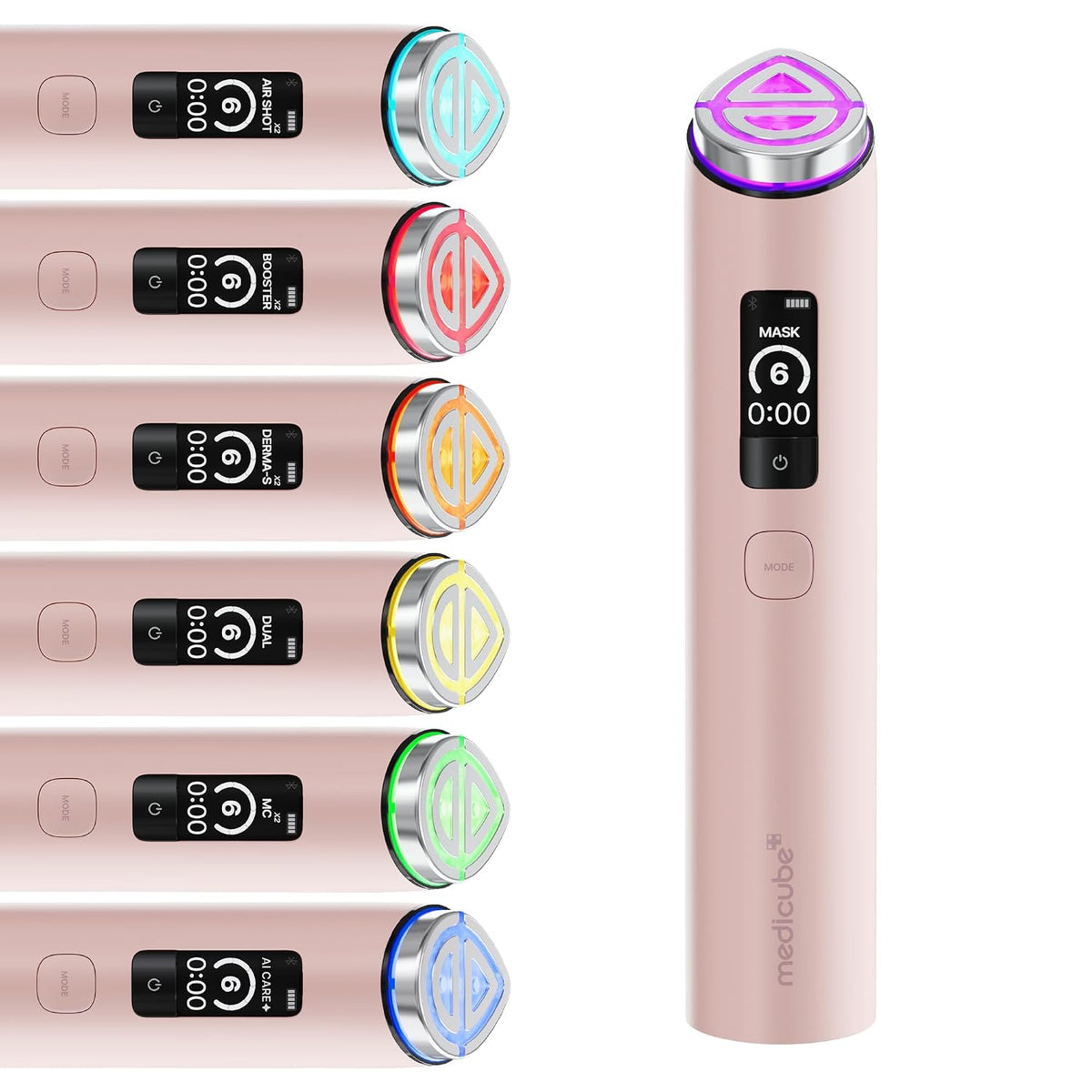 Pink Medicube facial boosting device with digital timer and dual massage heads