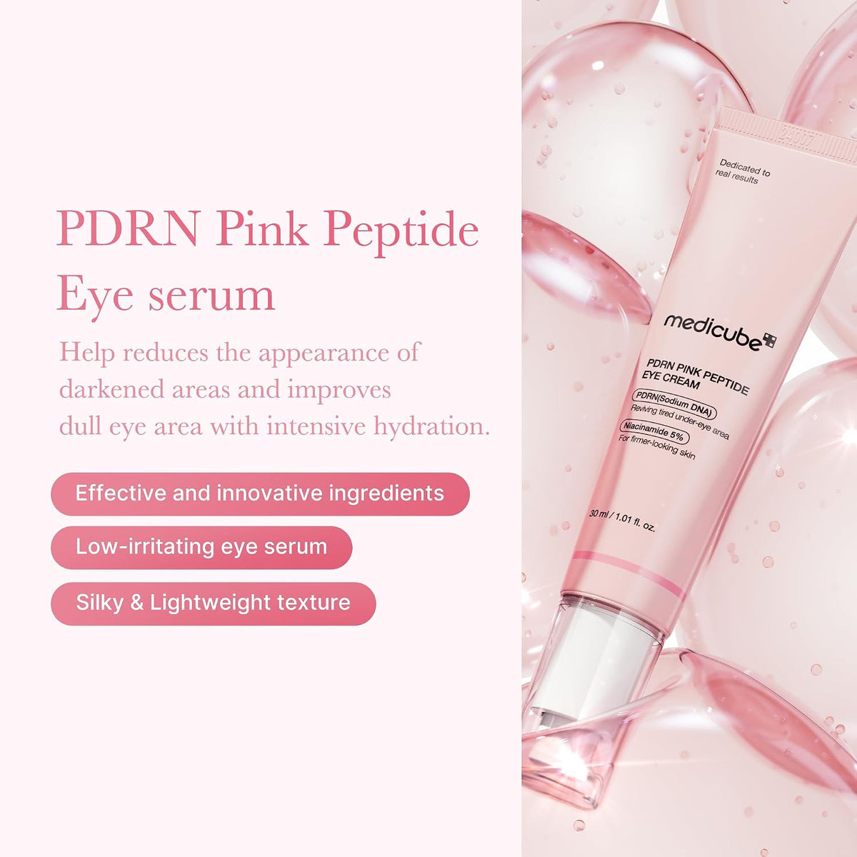 Pink eye cream tube with white nozzle, shown with translucent drops
