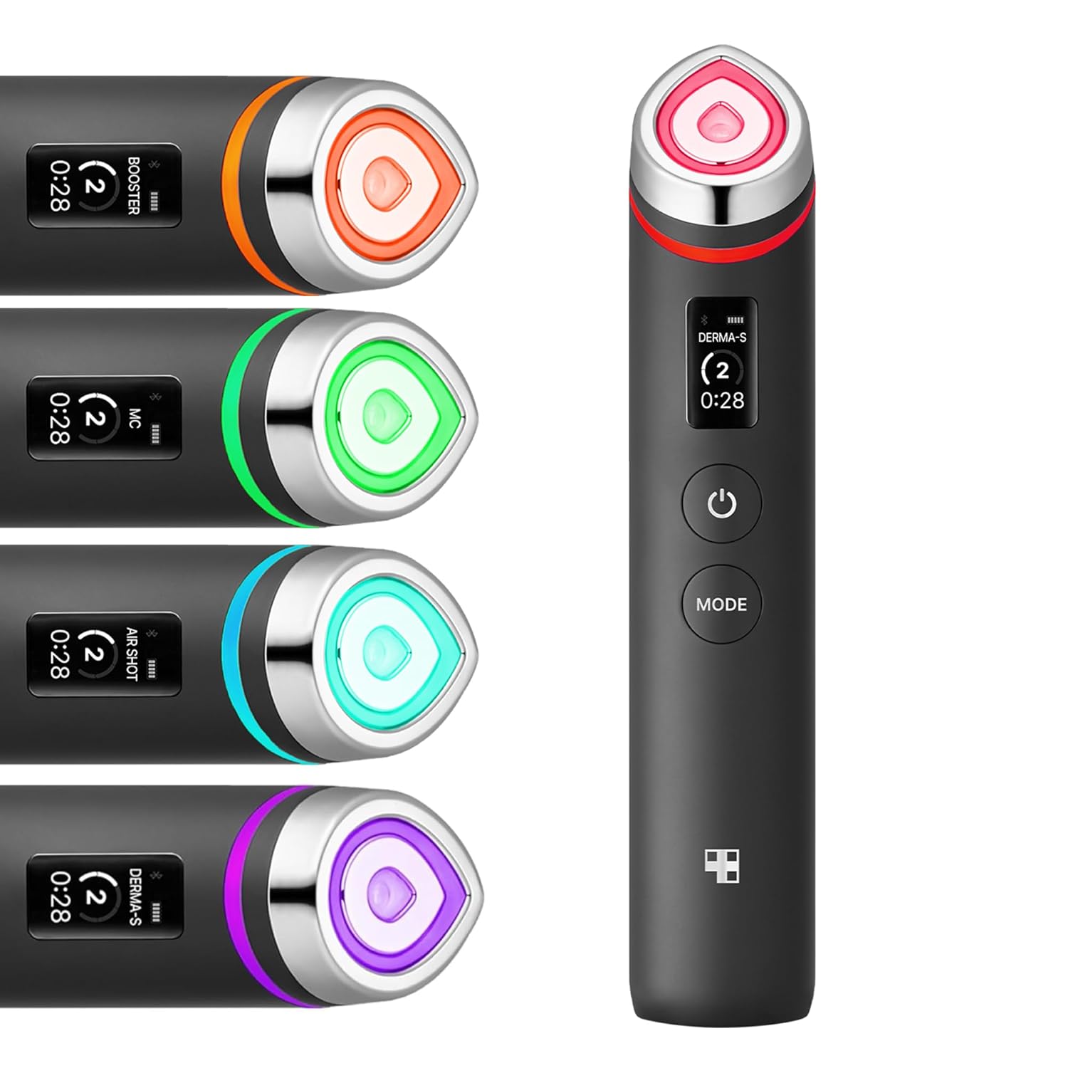 Handheld facial booster device with color-lit treatment ring and black handle