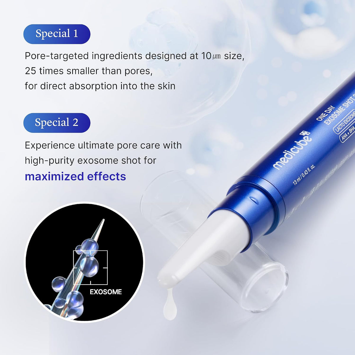 Blue serum applicator with clear tip and Medicube label