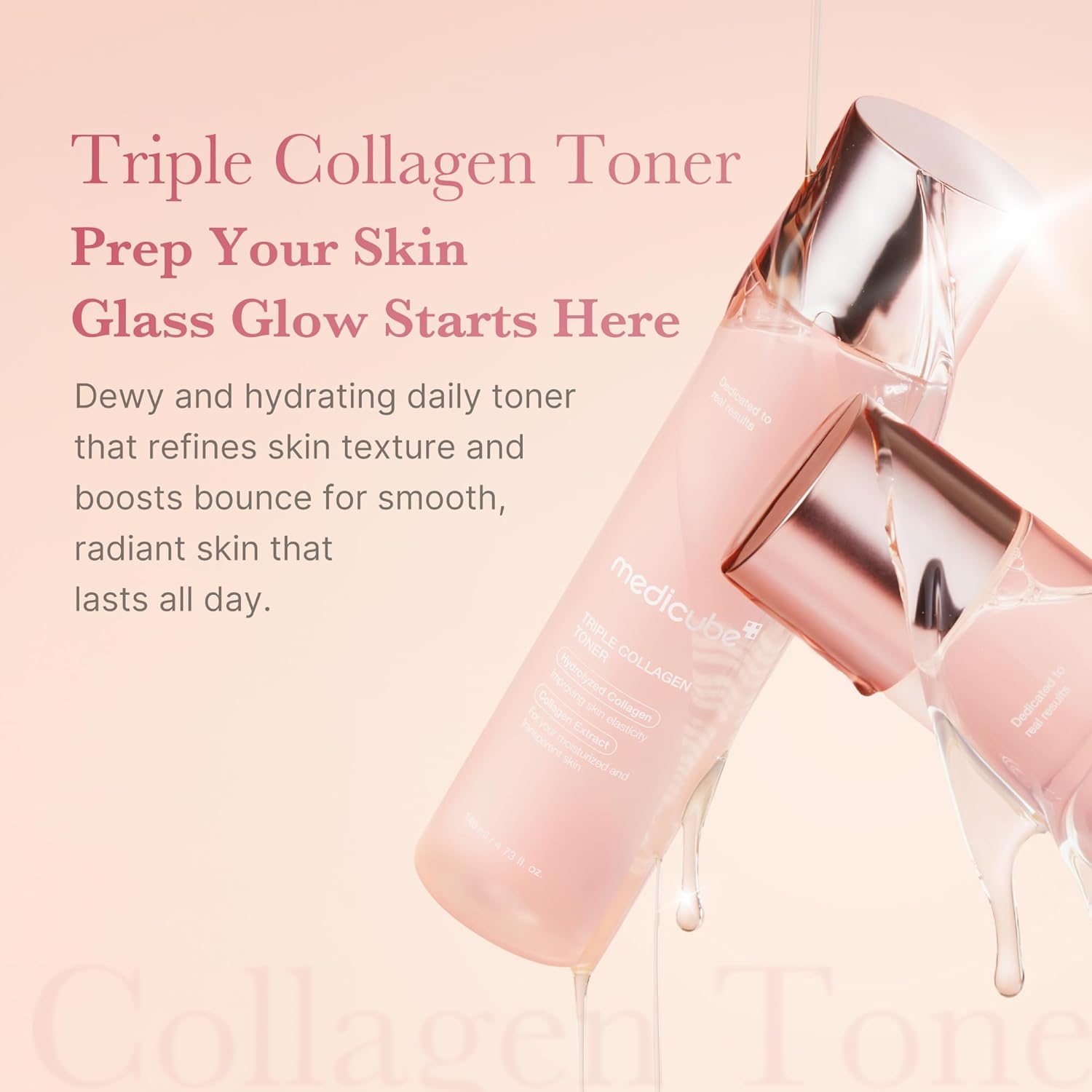 Light pink triple collagen toner bottle with metallic cap, shown at an angle