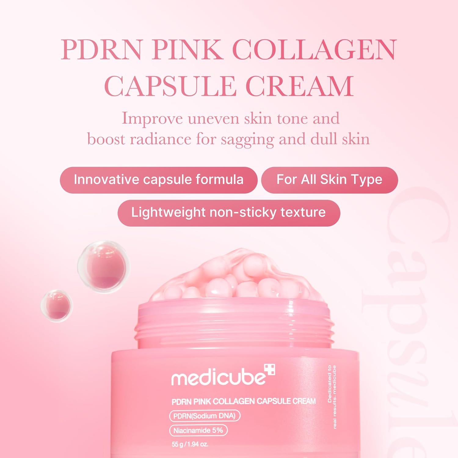 Pink medicube PDRN capsule cream jar with product info text and badges