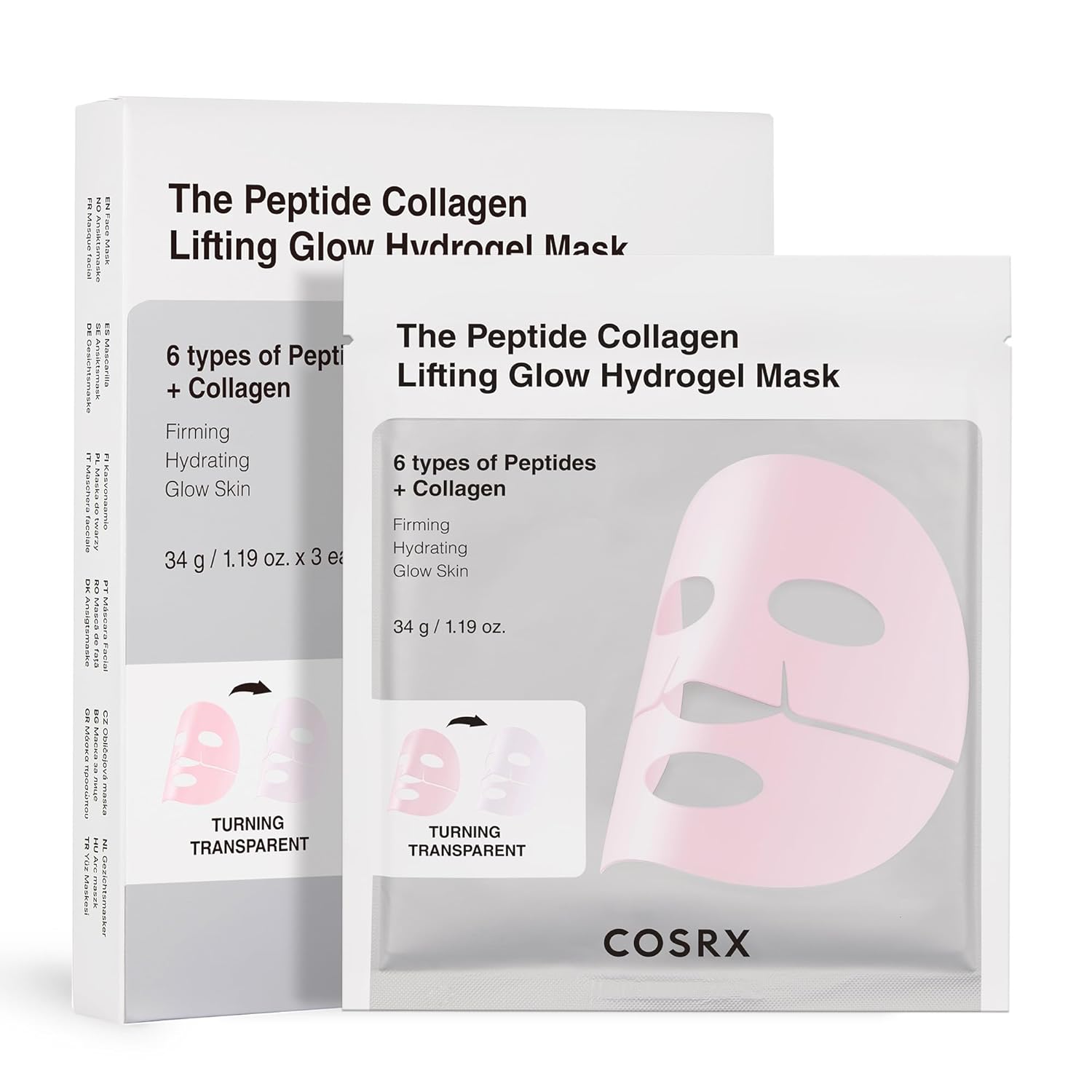 Cosrx peptide collagen lifting glow hydrogel mask set in box and foil pouch