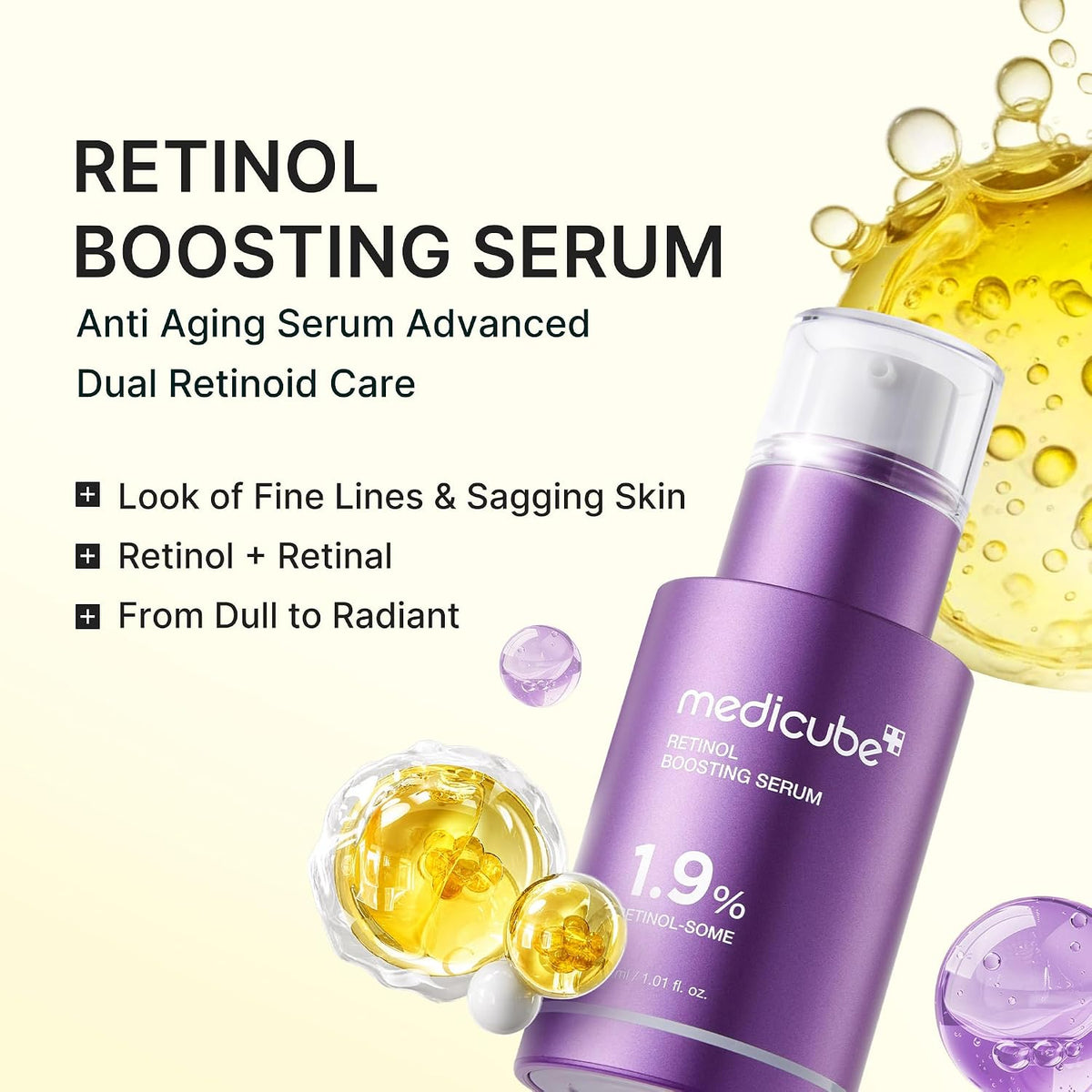 Medicube retinol boosting serum bottle with yellow oil droplets, purple container