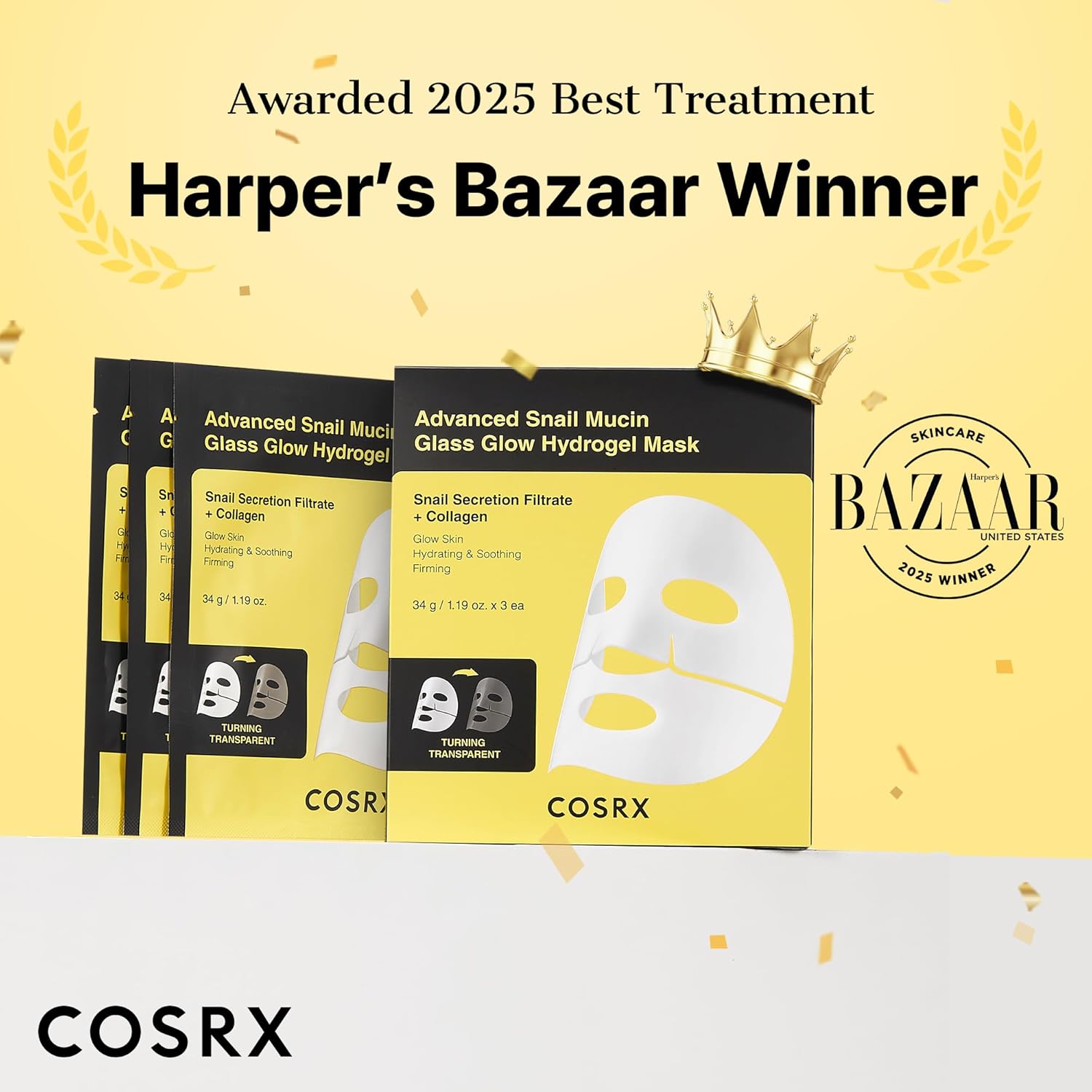 Hydrogel facial mask boxes, COSRX black-and-yellow packages with mask graphic