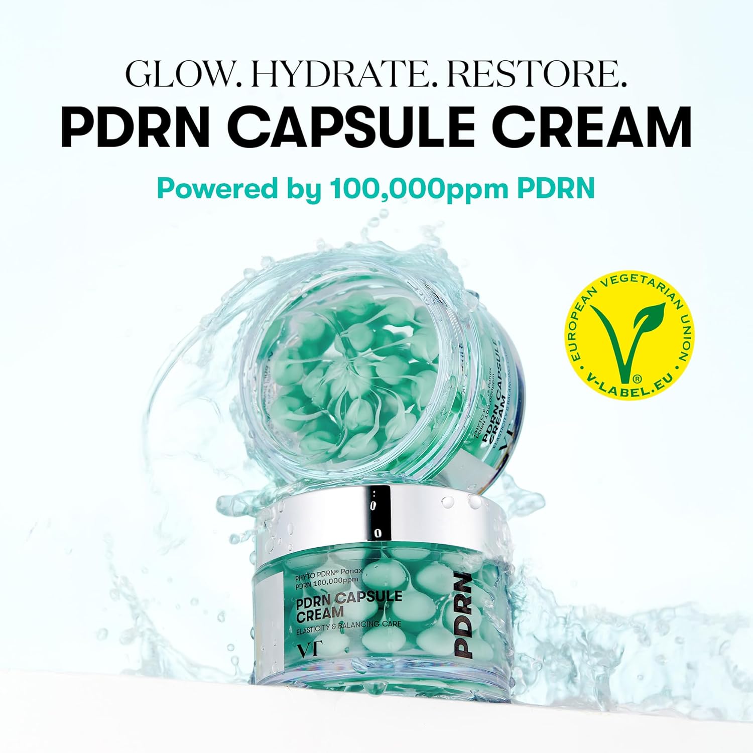 VT PDRN capsule cream jar with water splash and teal gel capsule