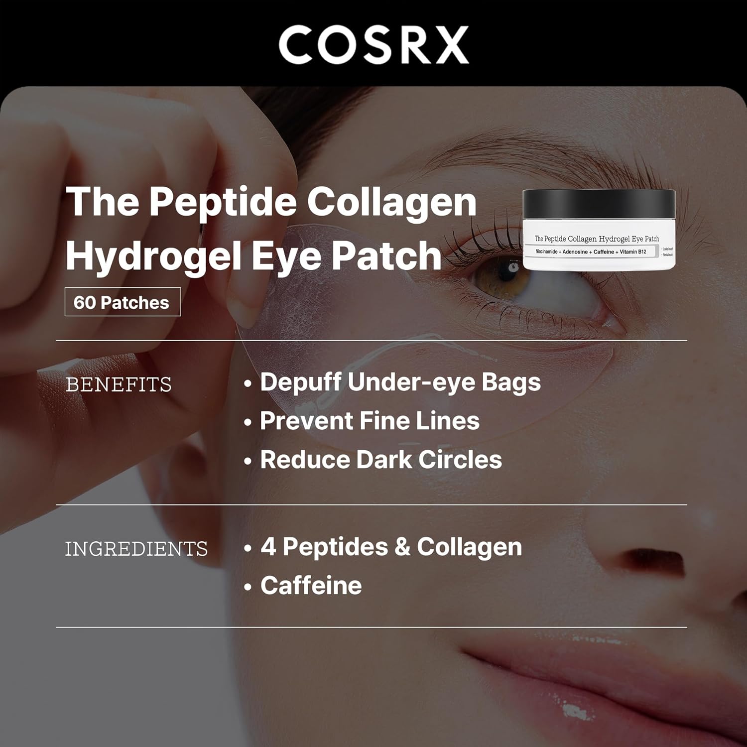 Hydrogel eye patch jar with pink gel beside a model’s eye