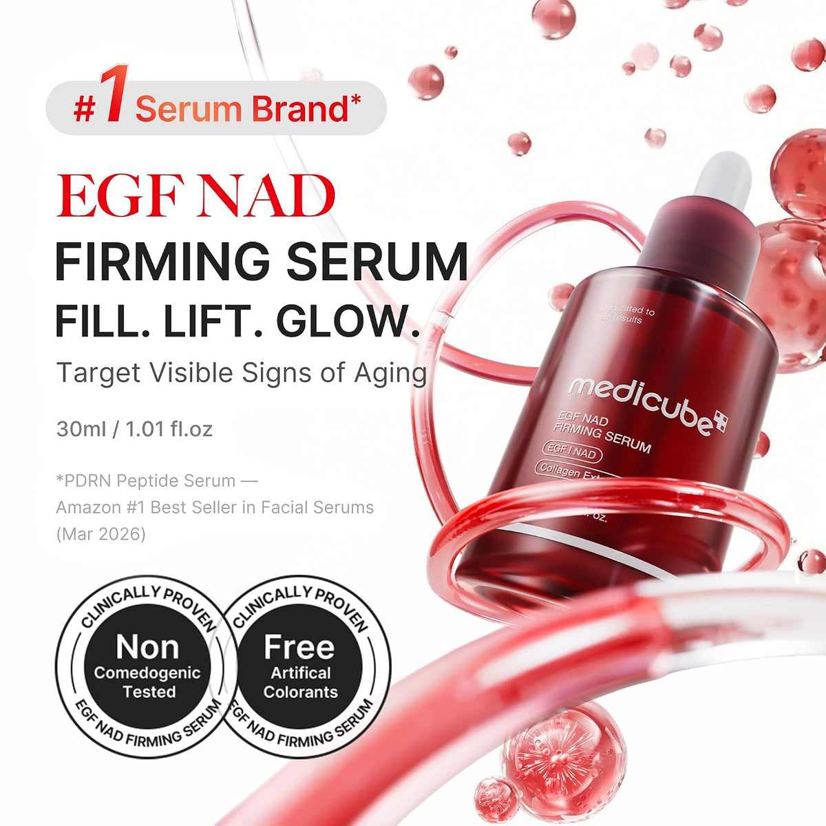 Medicube EGF NAD firming serum bottle with white dropper, red glass