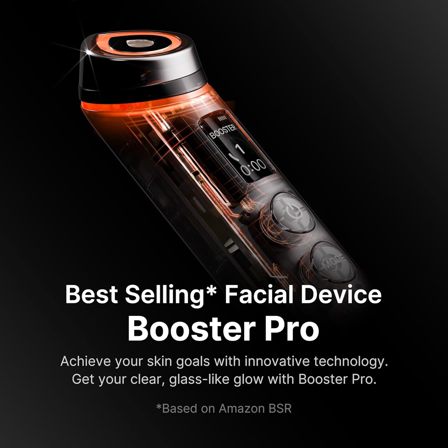 Black handheld facial booster device with glowing pink treatment ring