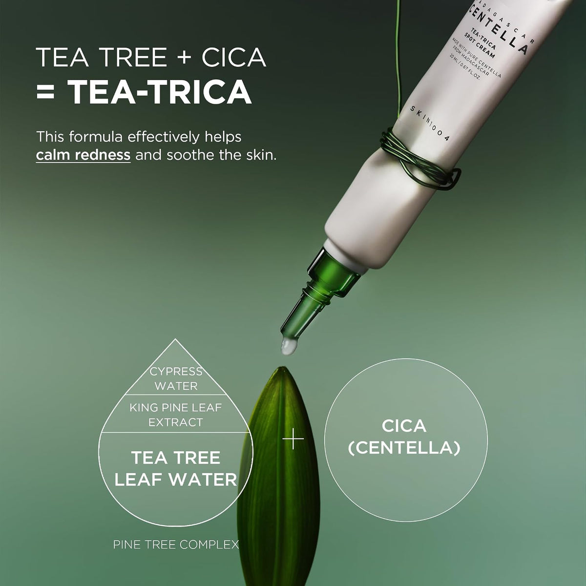 Spot cream tube with green-accent applicator tip dispensing green serum