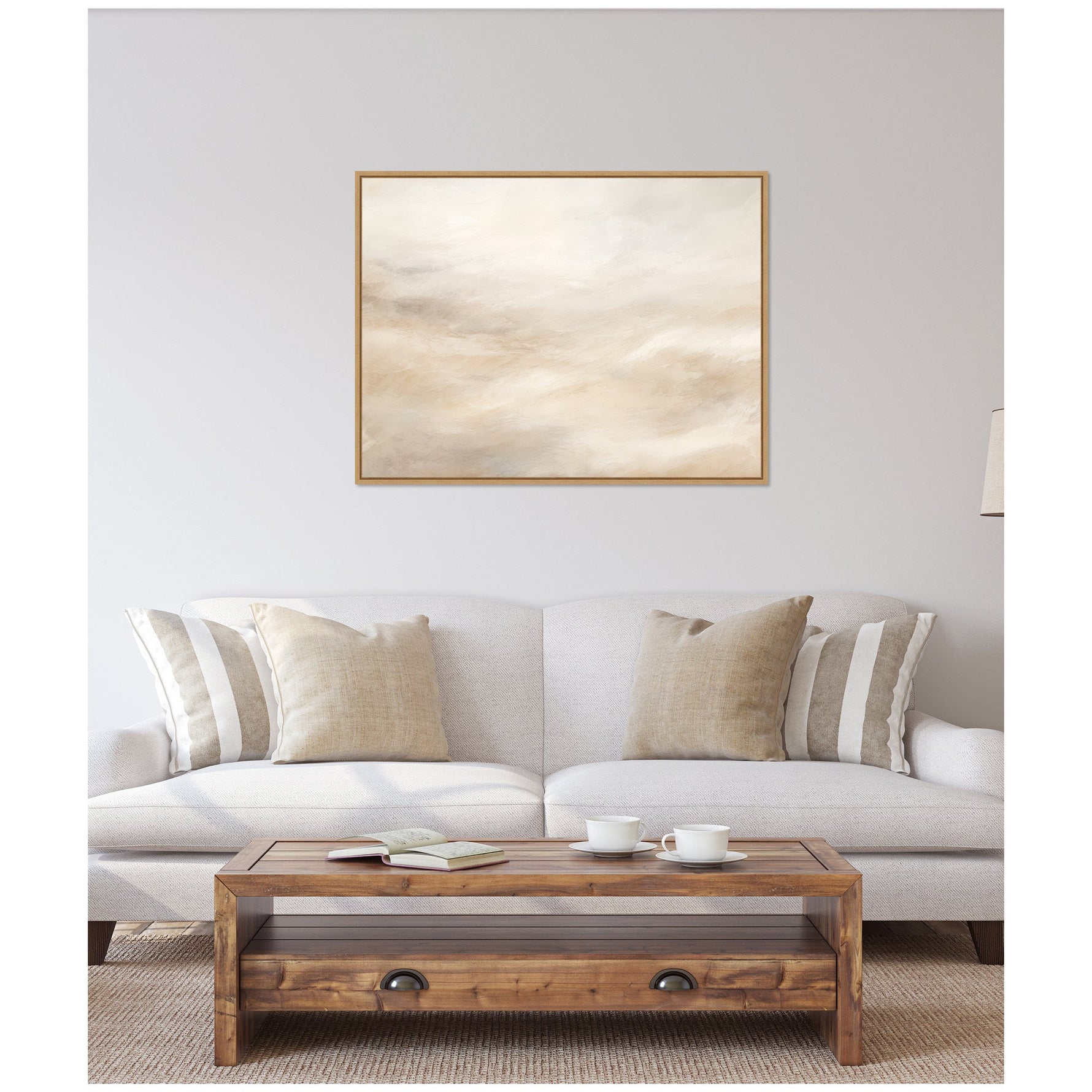 Horizontal abstract canvas in white and beige with slim light wood frame