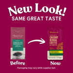 Packaging comparison graphic showing before and now prebiotic chicory herbal coffee pouches
