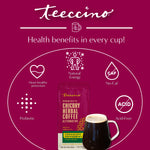 Health benefits infographic featuring prebiotic chicory herbal coffee pouch and cup