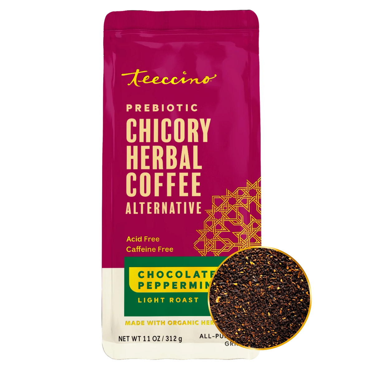 Magenta prebiotic chicory herbal coffee bag with chocolate peppermint label and coffee grounds