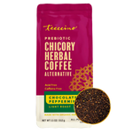 Magenta prebiotic chicory herbal coffee bag with chocolate peppermint label and coffee grounds