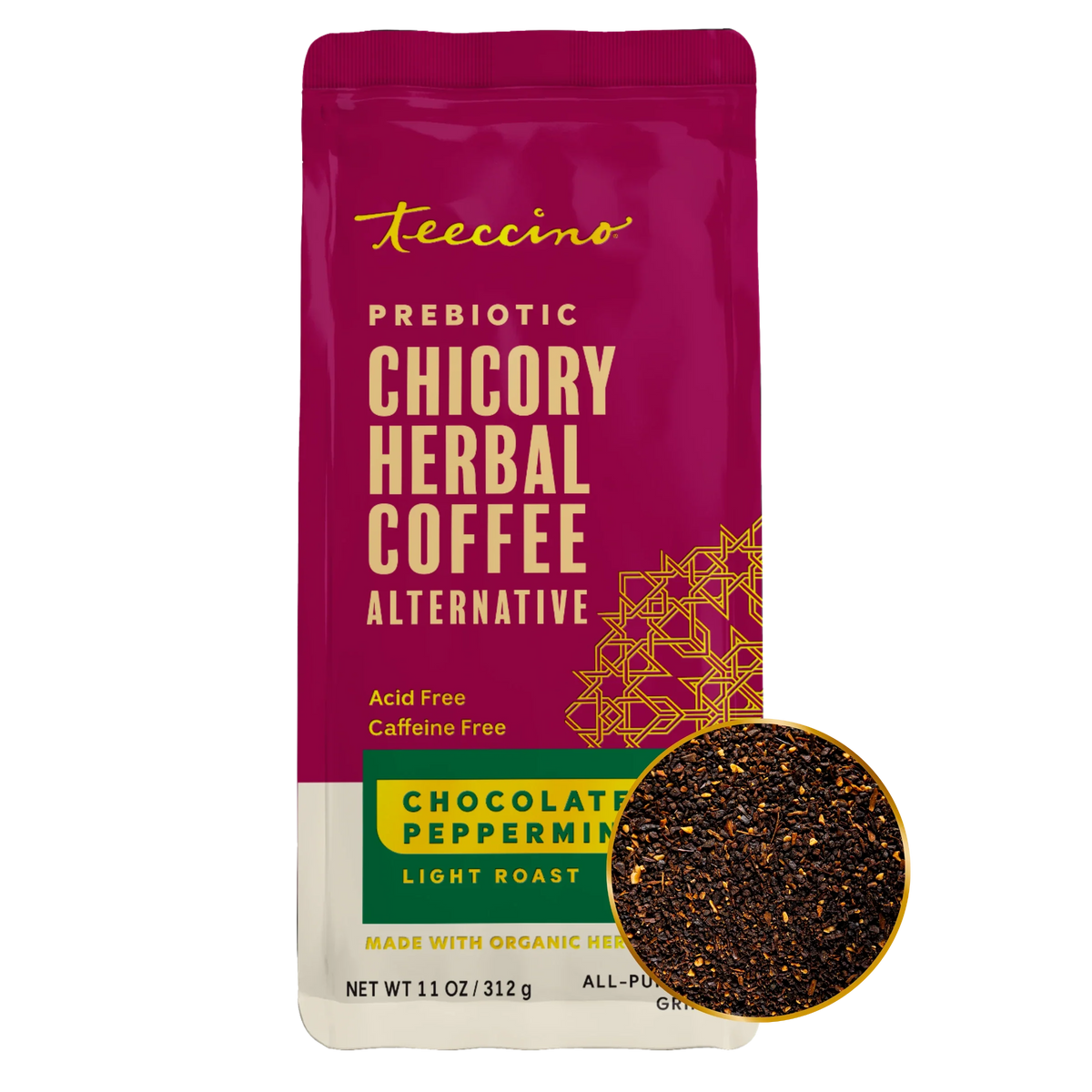 Magenta prebiotic chicory herbal coffee pouch with chocolate peppermint label and close-up grounds