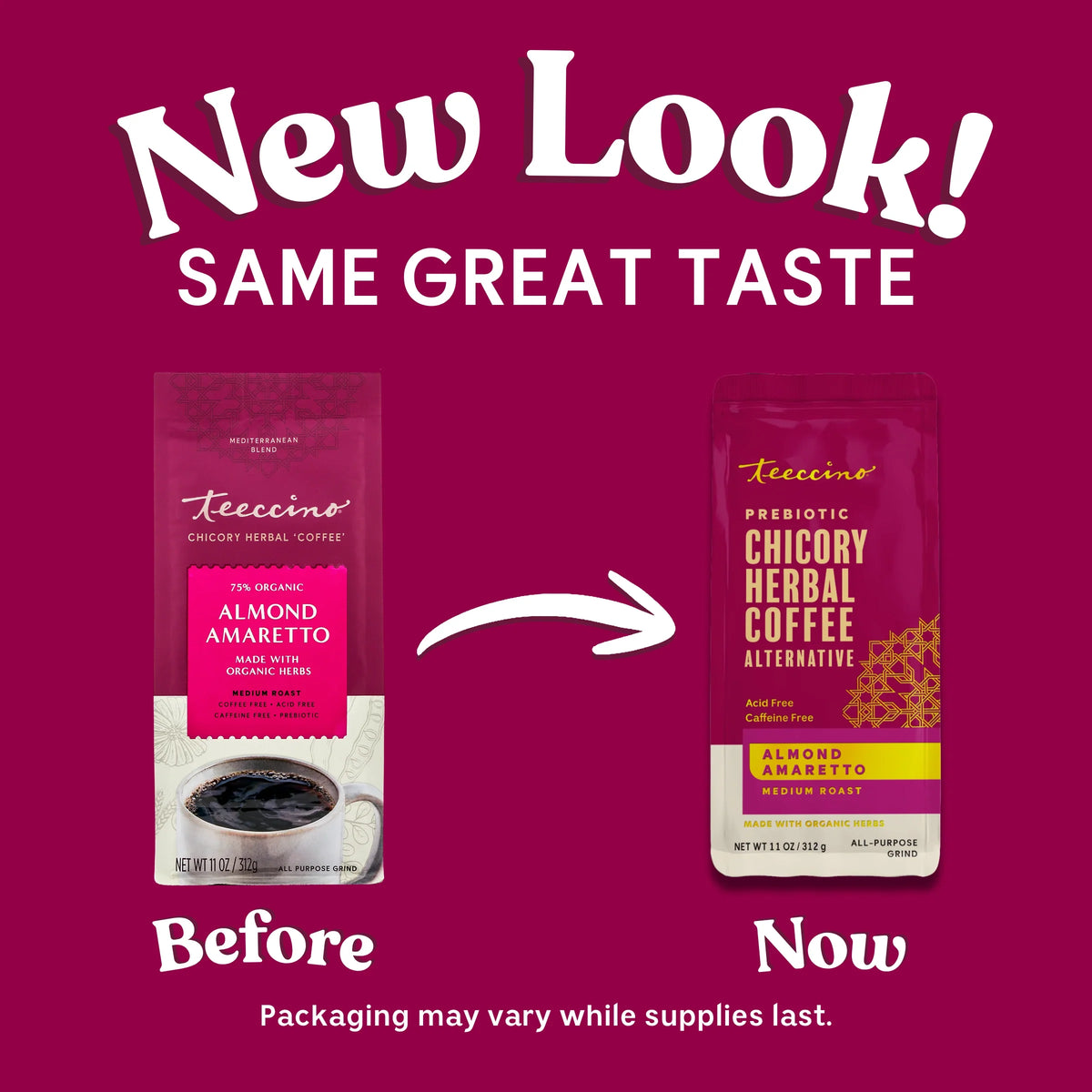 Almond amaretto chicory herbal coffee packaging before-and-after comparison