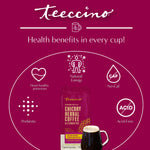 Almond amaretto chicory herbal coffee pouch with health benefits icons and mug