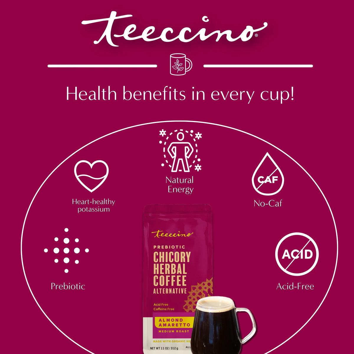 Almond amaretto chicory herbal coffee pouch with health benefits icons and mug