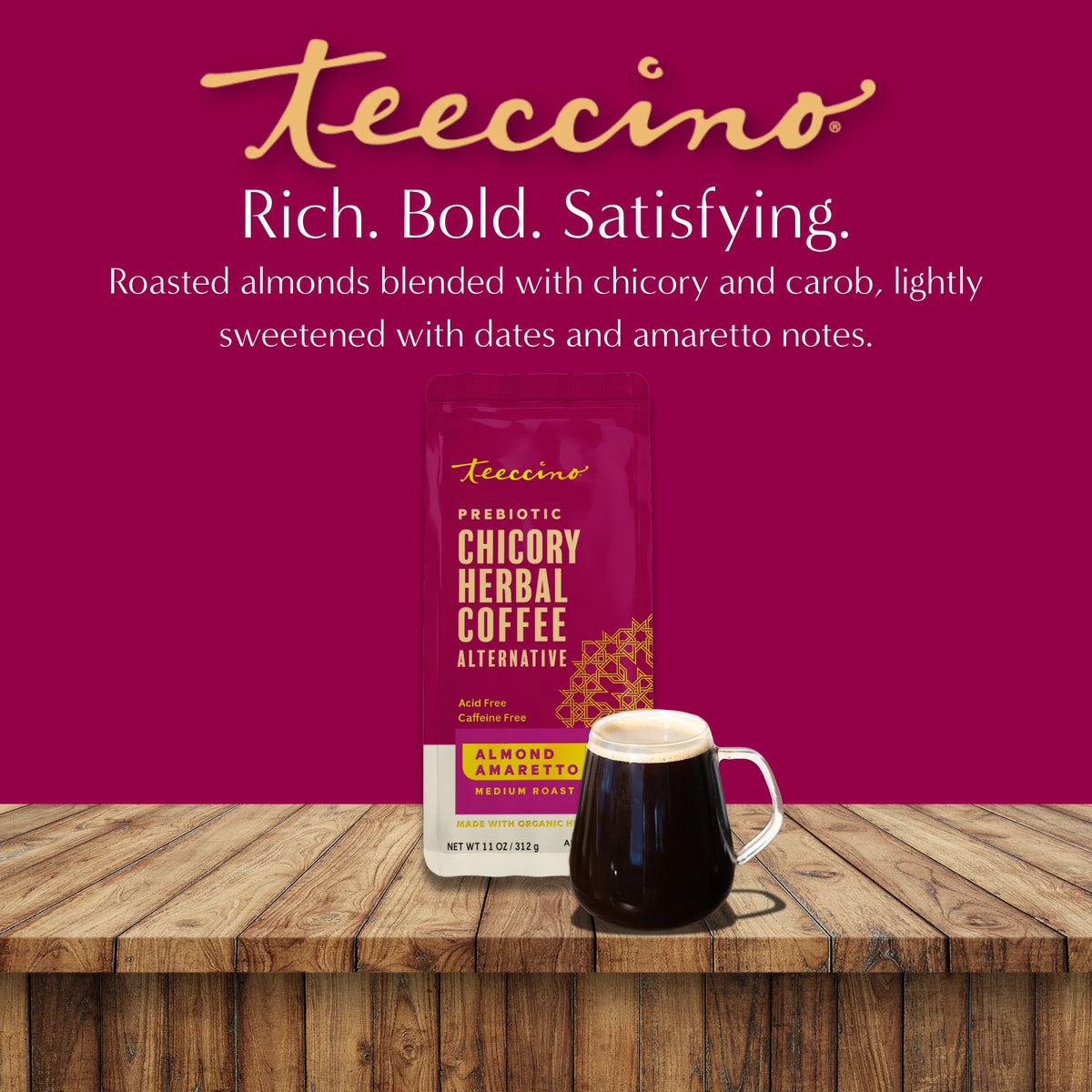 Almond amaretto chicory herbal coffee pouch with mug and brand slogan
