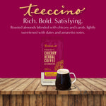 Almond amaretto chicory herbal coffee pouch with mug and brand slogan