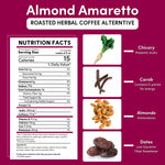 Nutrition facts and ingredients panel for almond amaretto chicory herbal coffee