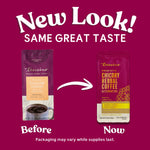 Two prebiotic chicory herbal coffee pouches shown as before and now packaging