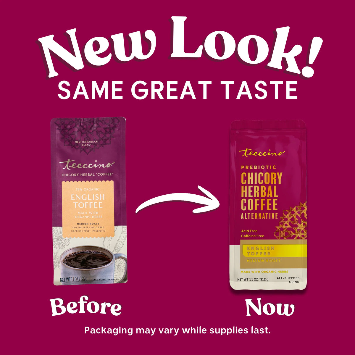 Two prebiotic chicory herbal coffee pouches shown as before and now packaging