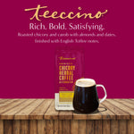 Prebiotic chicory herbal coffee pouch with mug on a wooden tabletop