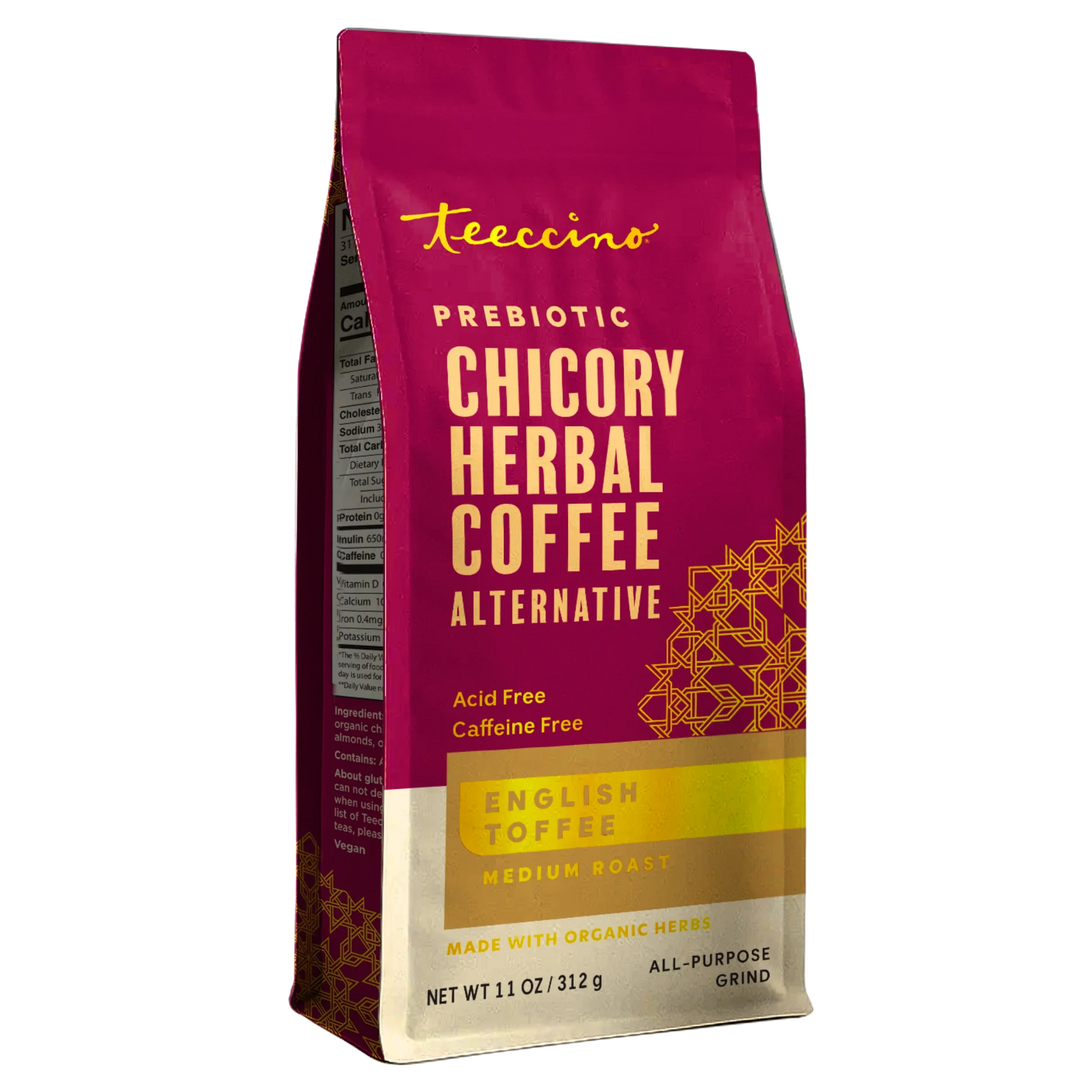 Burgundy stand-up prebiotic chicory herbal coffee pouch with English toffee label