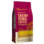Burgundy stand-up prebiotic chicory herbal coffee pouch with English toffee label