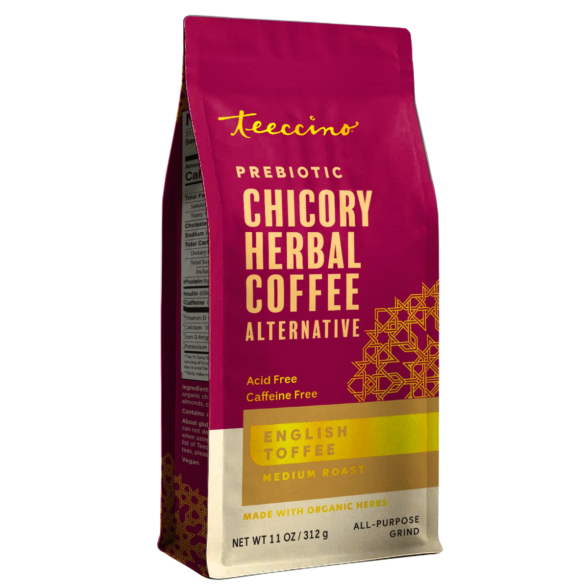Burgundy stand-up prebiotic chicory herbal coffee pouch with English toffee label
