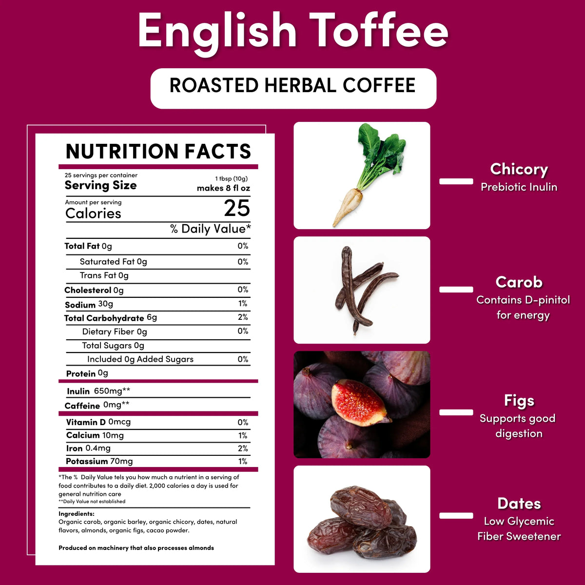 Nutrition facts infographic for prebiotic chicory herbal coffee with ingredient icons