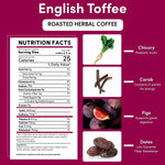 Nutrition facts infographic for prebiotic chicory herbal coffee with ingredient icons