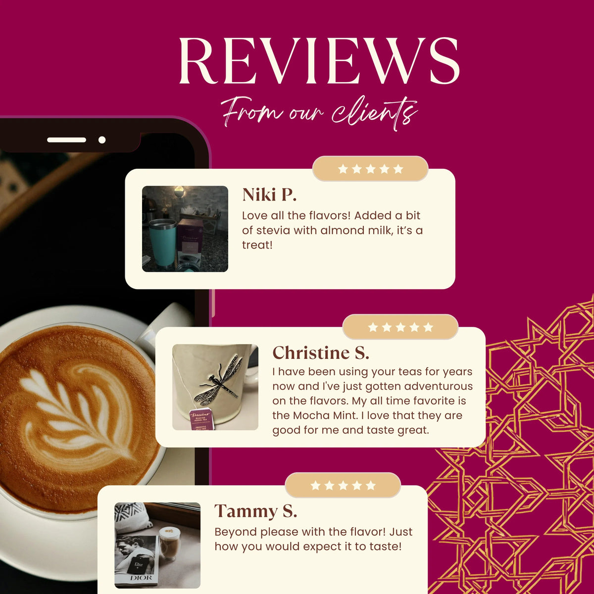Prebiotic chicory herbal coffee pouch shown with customer review cards and ratings