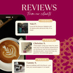 Prebiotic chicory herbal coffee pouch shown with customer review cards and ratings