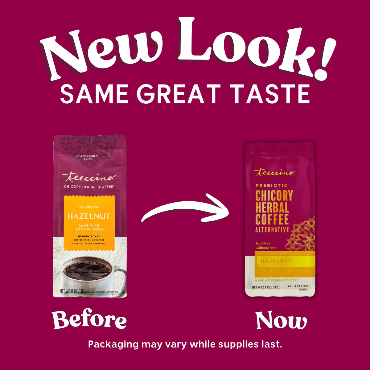 Hazelnut chicory herbal coffee pouches shown side by side