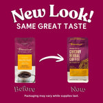 Chicory herbal coffee new packaging comparison graphic, before and now pouch