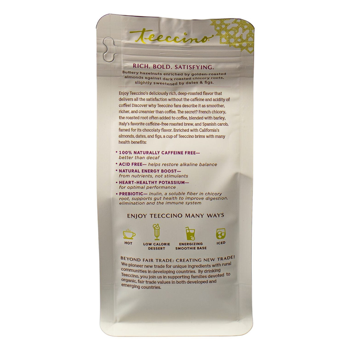 Hazelnut chicory herbal coffee pouch back label