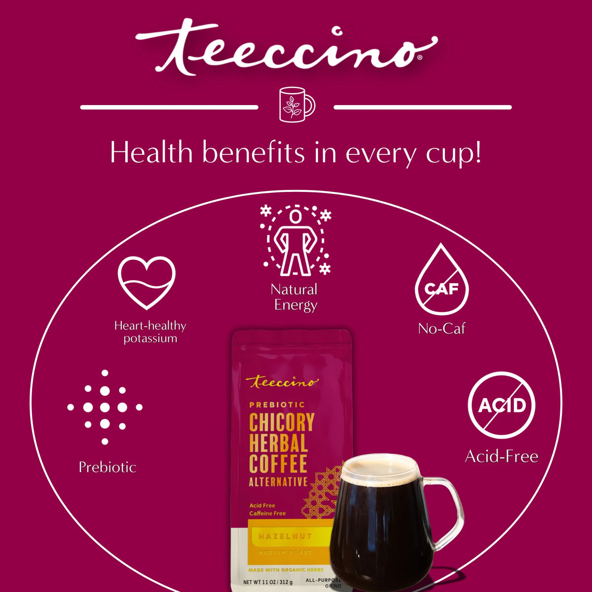Hazelnut chicory herbal coffee pouch with cup of dark beverage