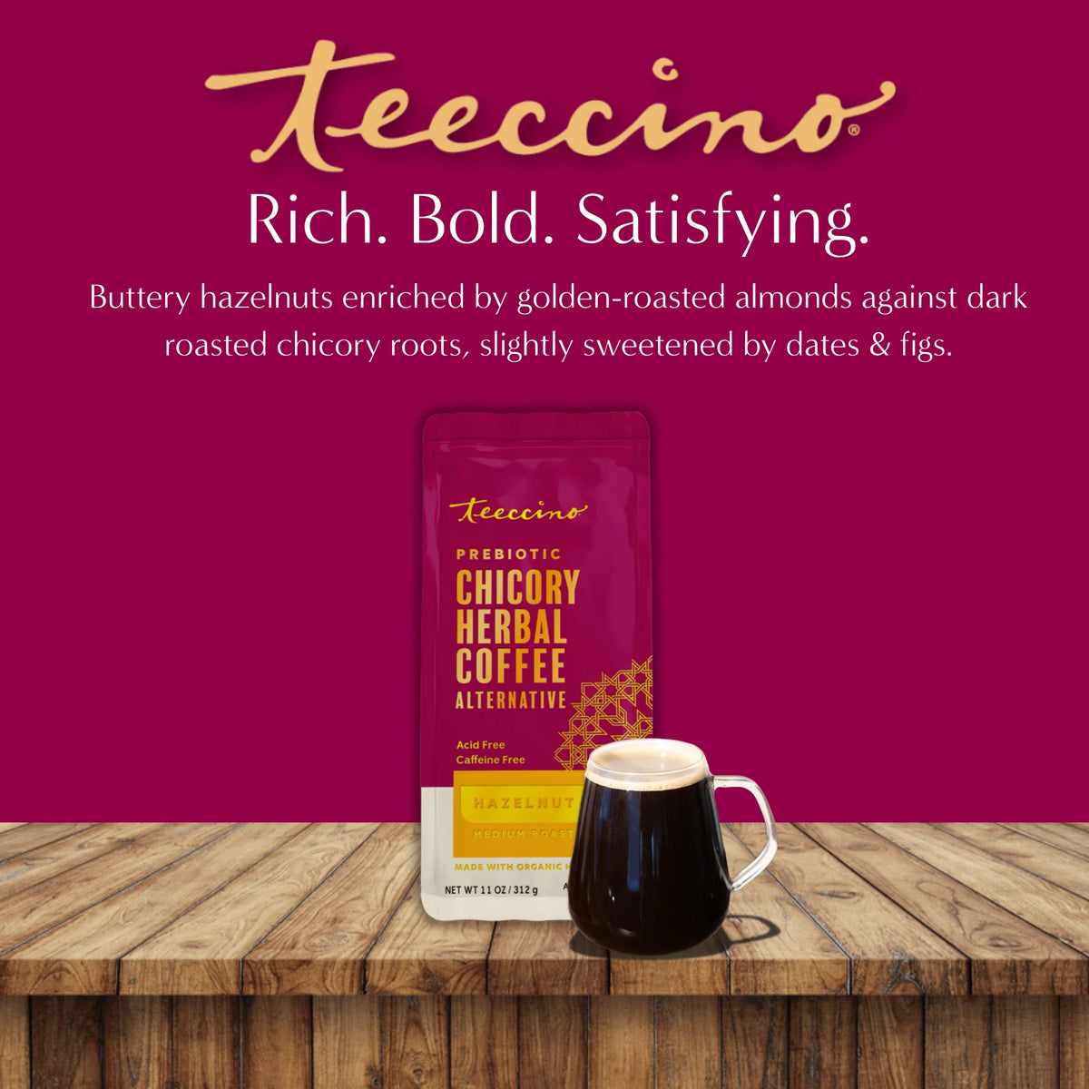 Hazelnut chicory herbal coffee pouch with cup of dark beverage on wooden surface