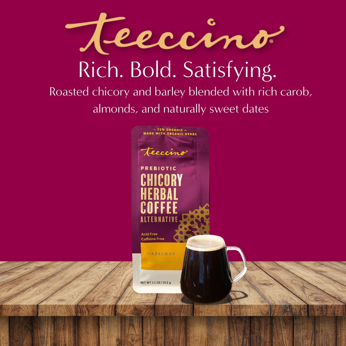 Hazelnut chicory herbal coffee pouch with cup of dark roasted beverage