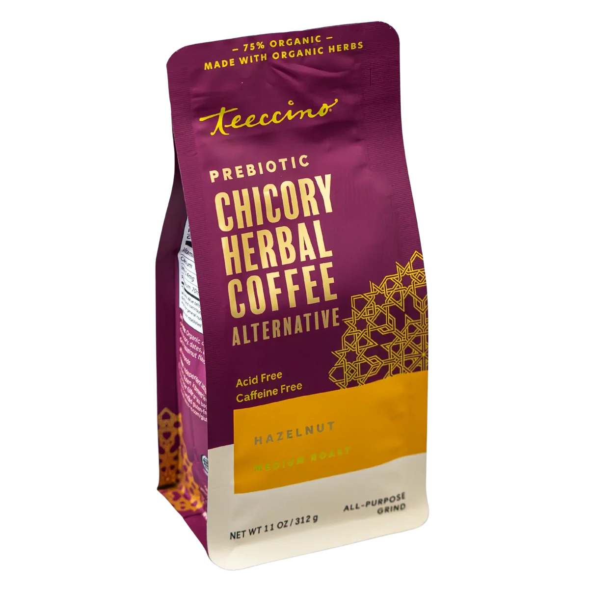 Hazelnut chicory herbal coffee pouch back, 75% organic herbs, acid-free, caffeine-free