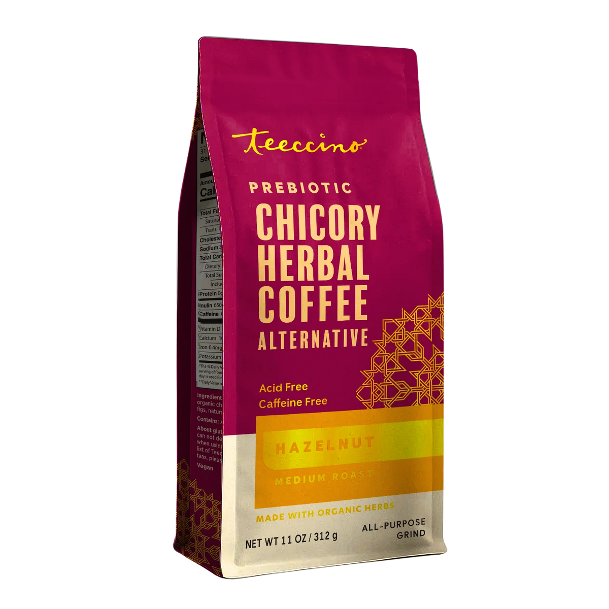 Hazelnut chicory herbal coffee pouch, organic herbs, all-purpose grind, 11 oz
