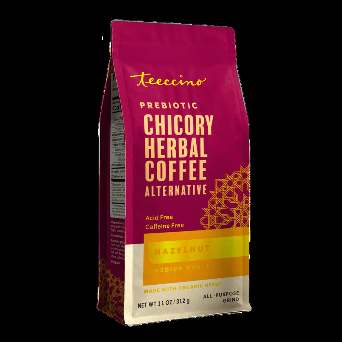Hazelnut chicory herbal coffee pouch side view with label text, acid-free, caffeine-free