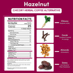 Hazelnut chicory herbal coffee nutrition facts panel with ingredient icons