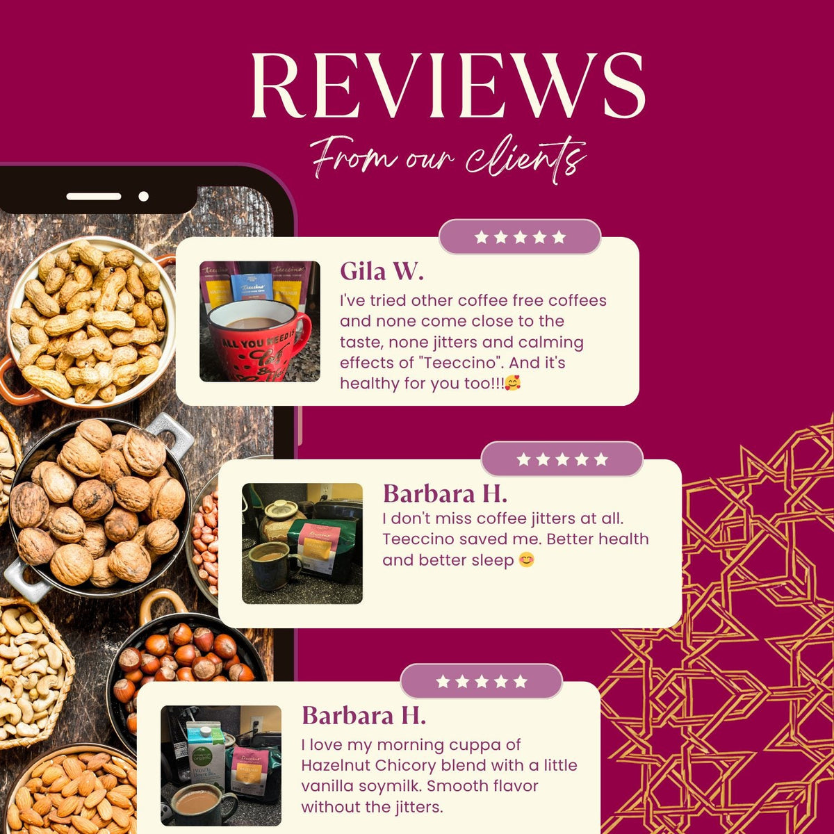 Customer review graphic with rating stars for chicory herbal coffee and ingredient photos
