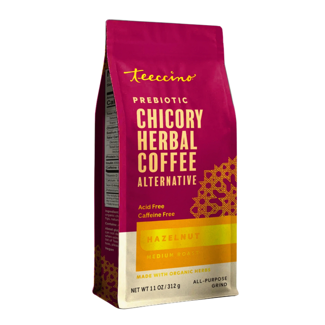 Hazelnut chicory herbal coffee pouch, medium roast, ground, acid-free, caffeine-free